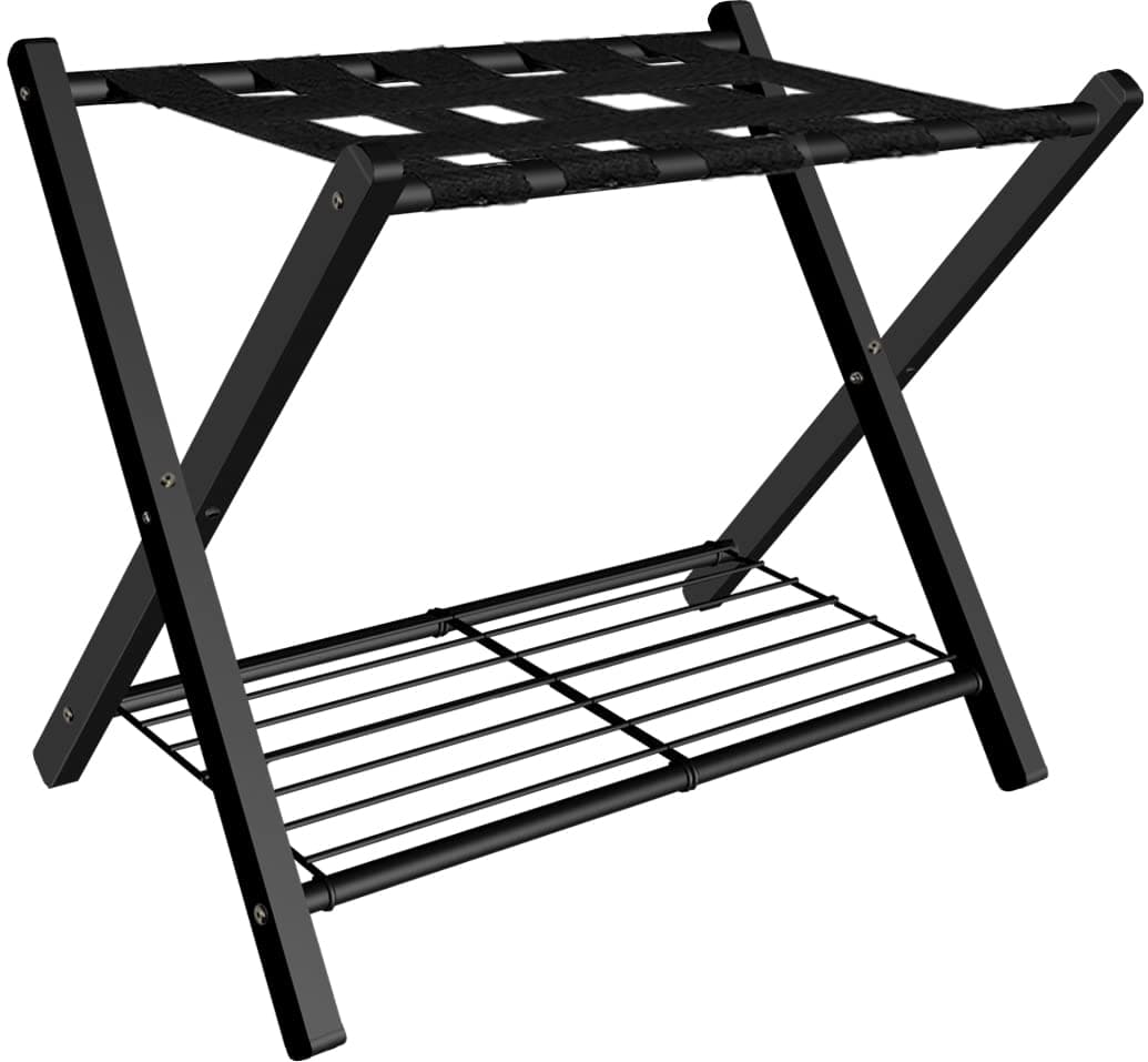 Black Metal Foldable Suitcase Stand with Shelf, 1 Pack