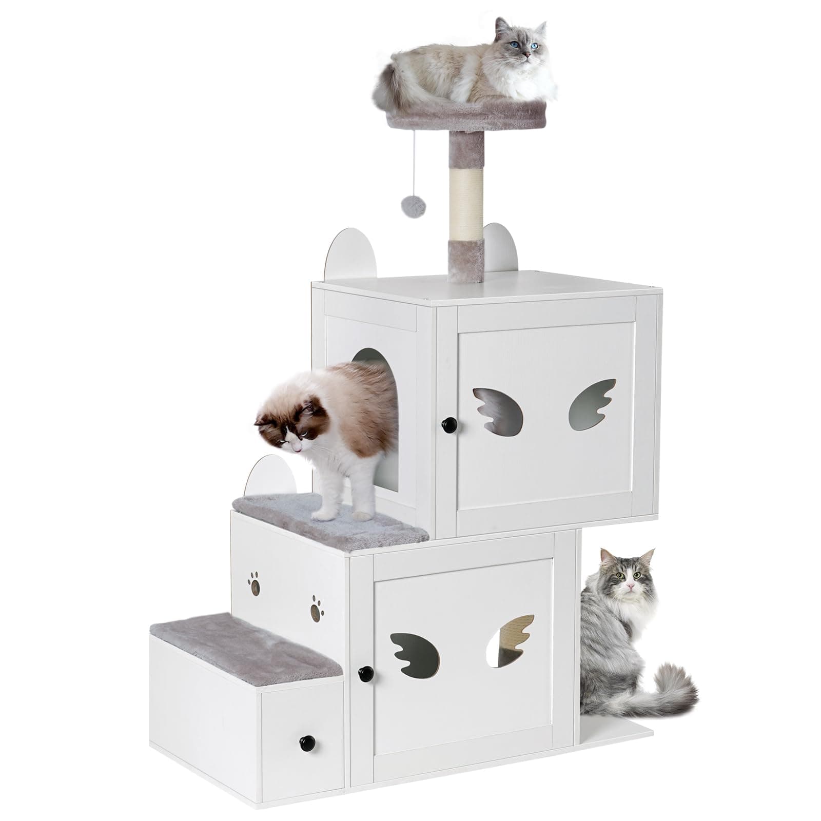 Snughome White 3-in-1 Wooden Cat Tower with Hidden Litter Box-Stairs