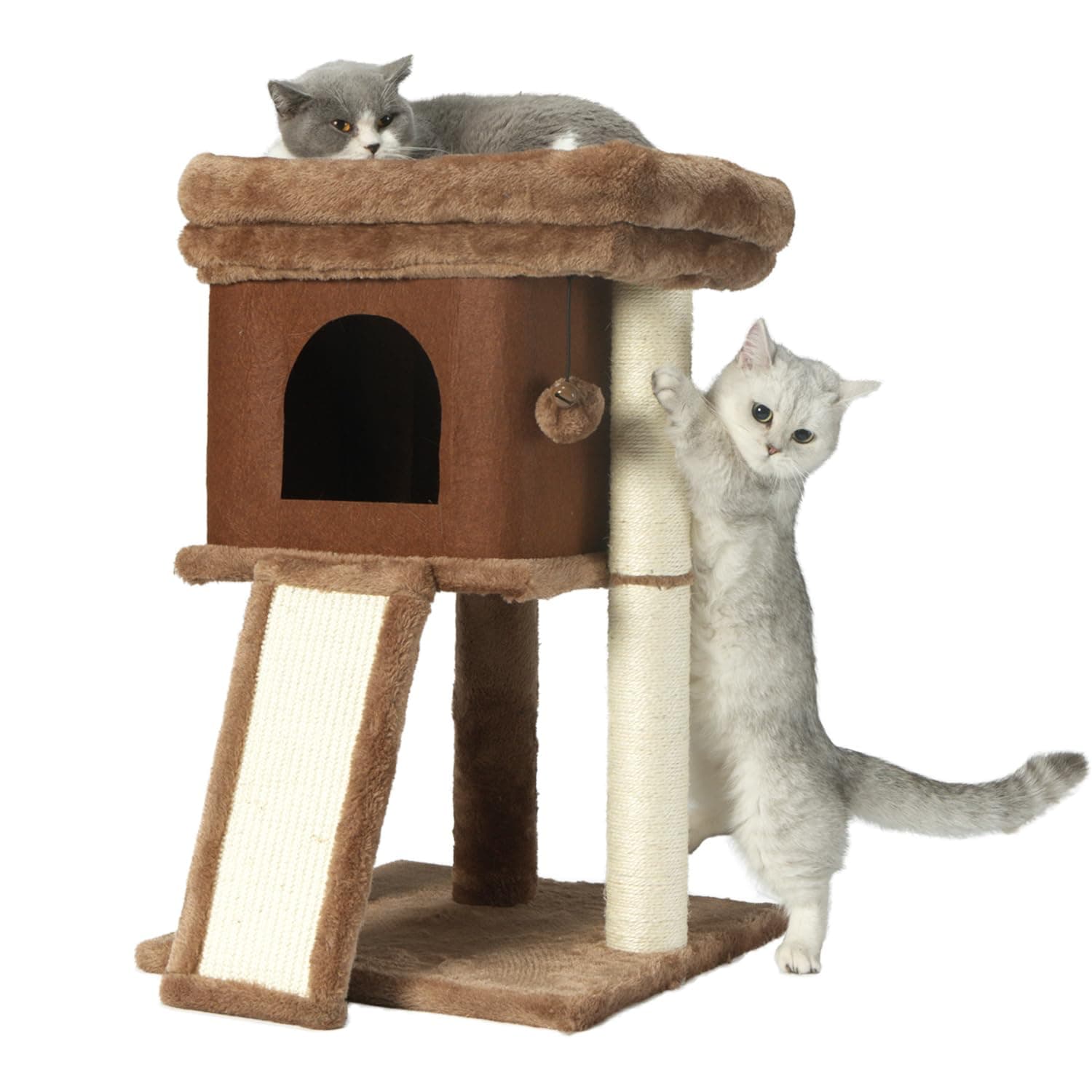Indoor Cat Tree with Scratching Post and Grooming Brush, Brown