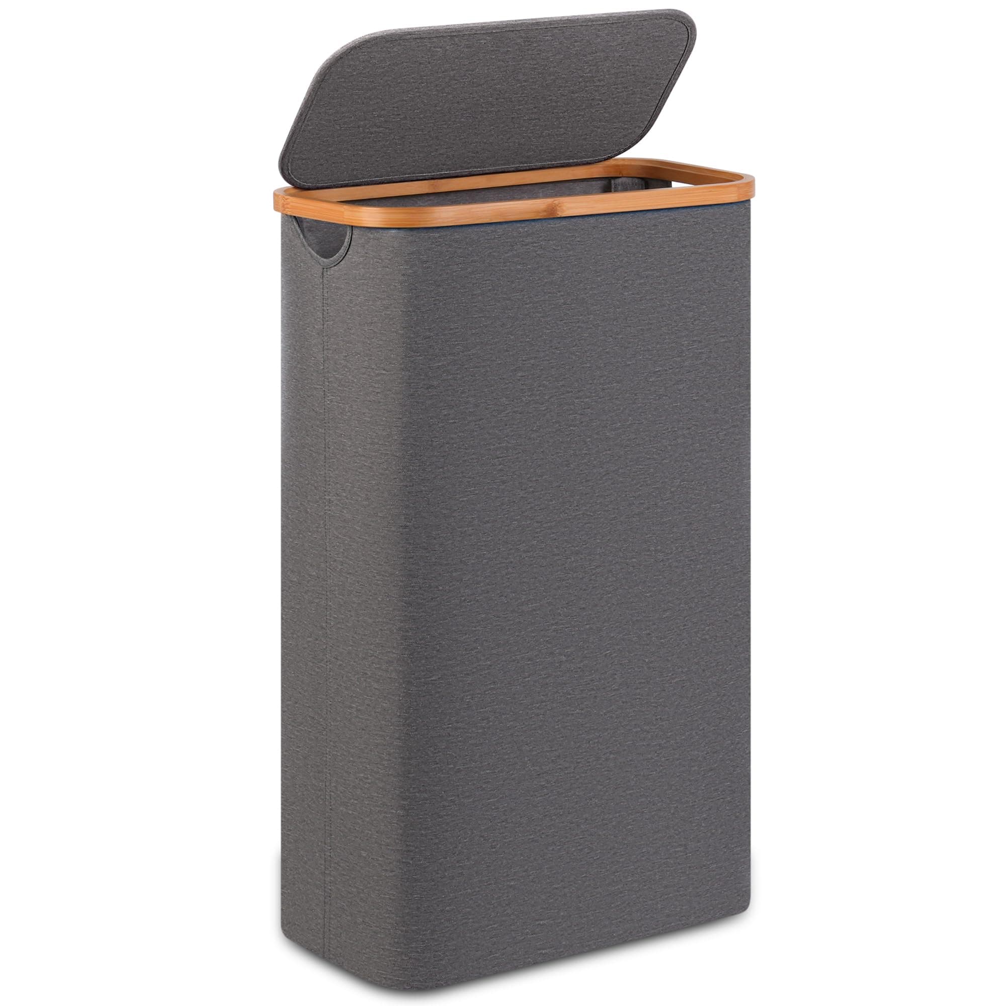 Slim 60L Laundry Hamper with Lid, Bamboo Handle, Grey