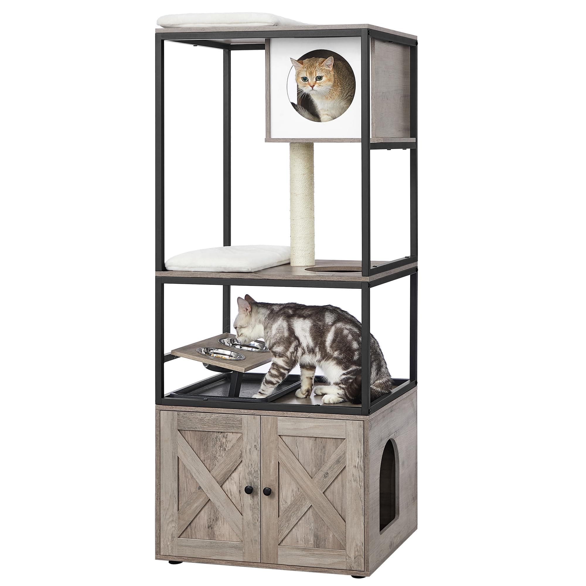 Modern Cat Tower with Litter Box Enclosure and Scratching Post