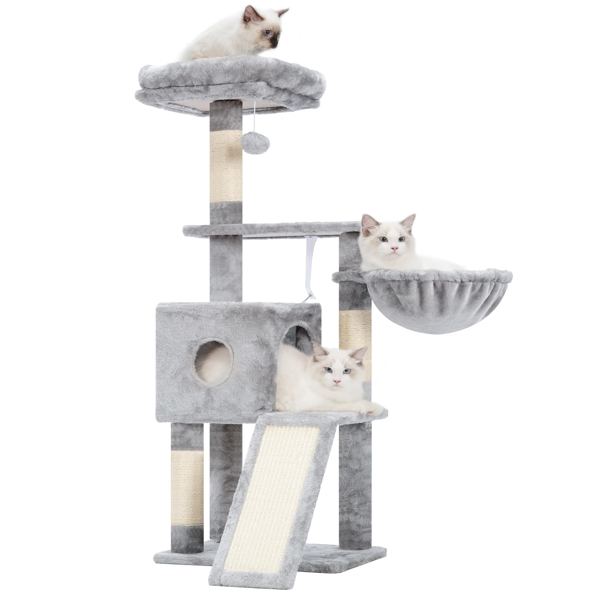 Light Gray MPJ007SW Plush 42.5-Inch Cat Tower with Scratching Post & Hanging Ball