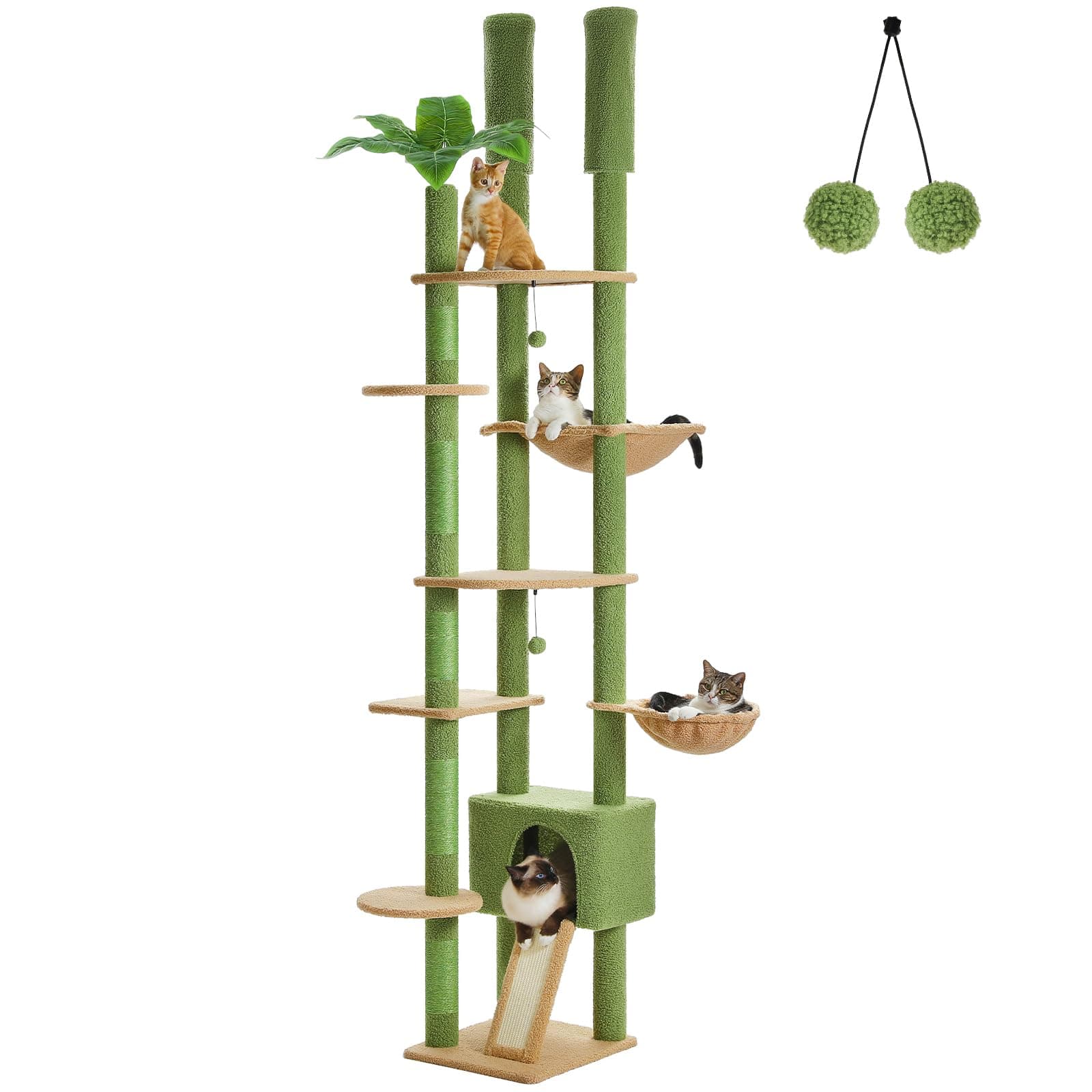 PEQULTI Floor to Ceiling Cat Tree Tower with Condo, Hammock & Scratching Post, Green