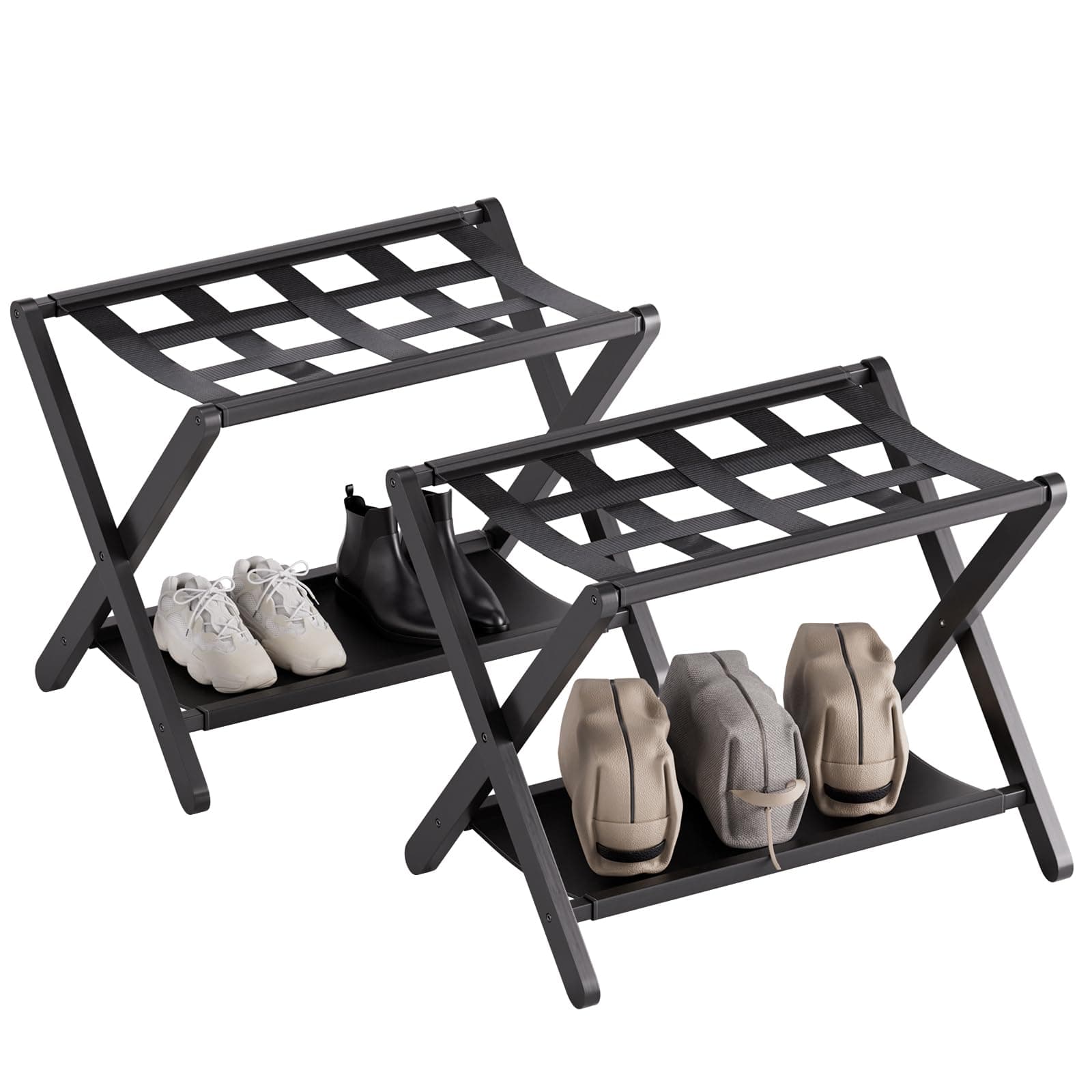 HITNET Black Bamboo Luggage Rack, Suitcase Stand, Pack of 2