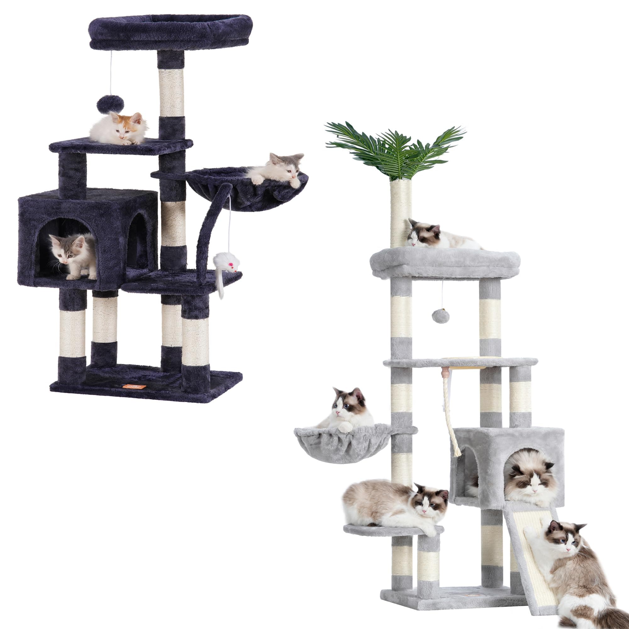 Modern Cat Tree with Leaves Perches and Feeding Bowl
