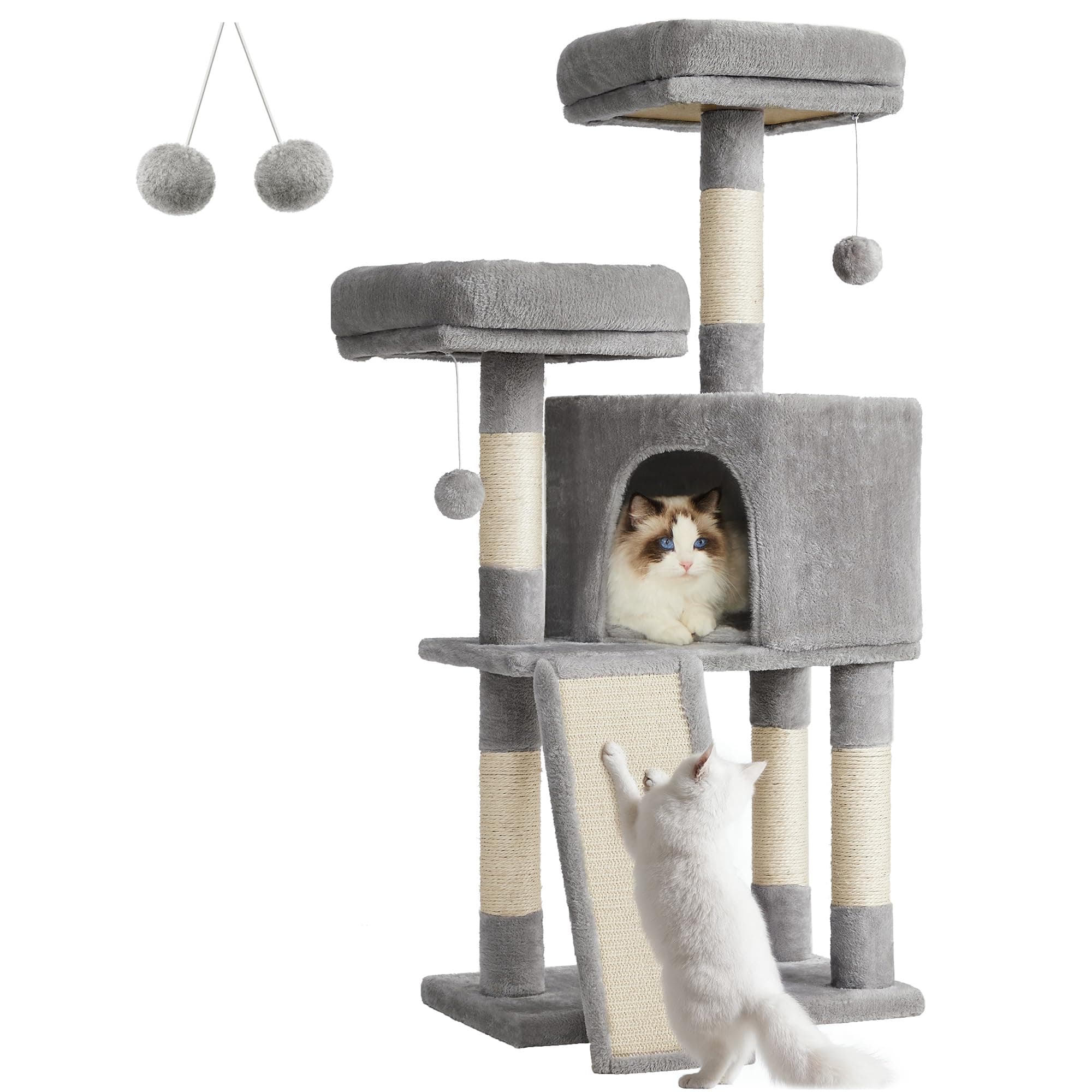 Feandrea Light Gray 45.3-Inch Cat Tower with Scratching Post & Cave