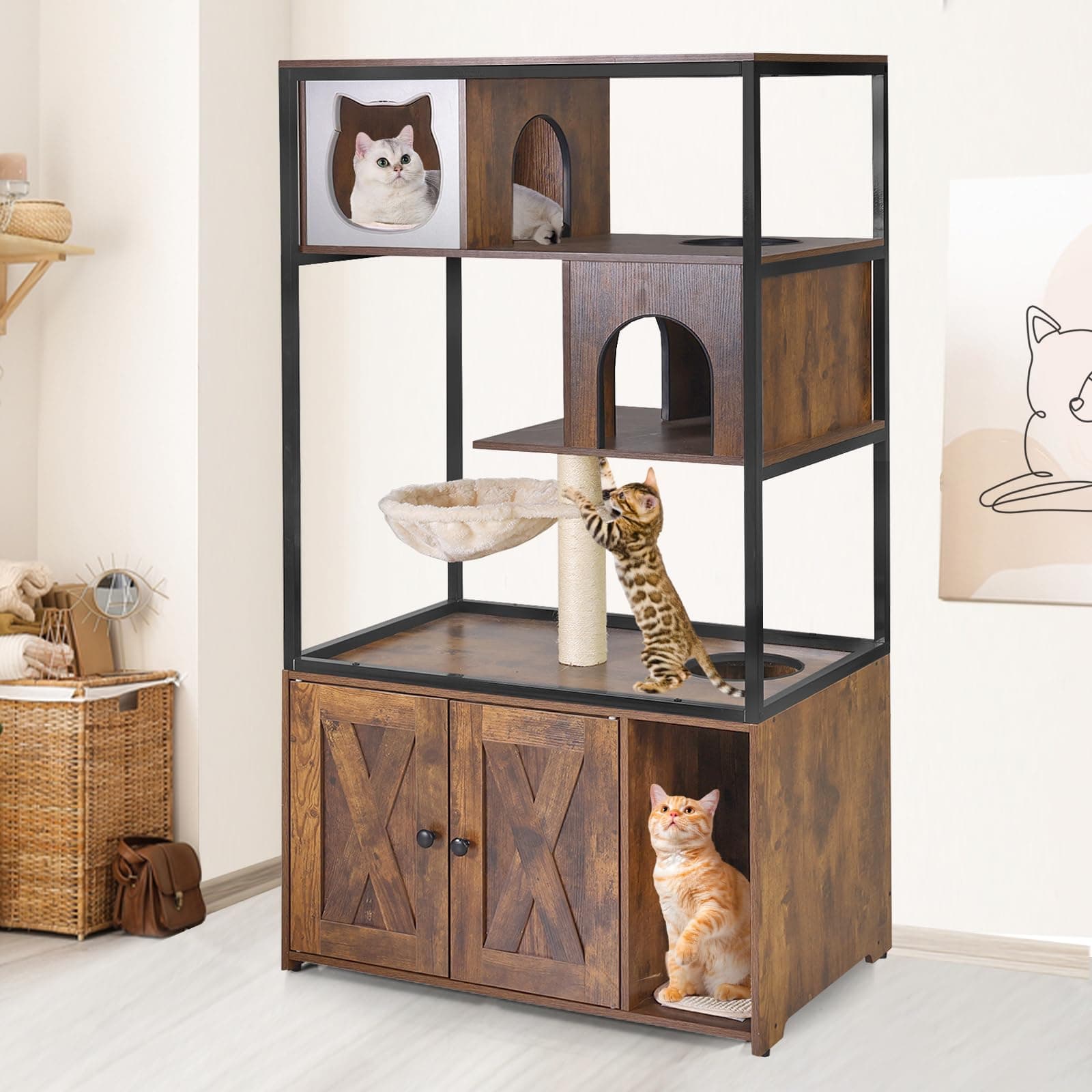 Hidden Kitty Litter Box with Barn Door, Metal Frame, Wood Enclosure (Wood, M)