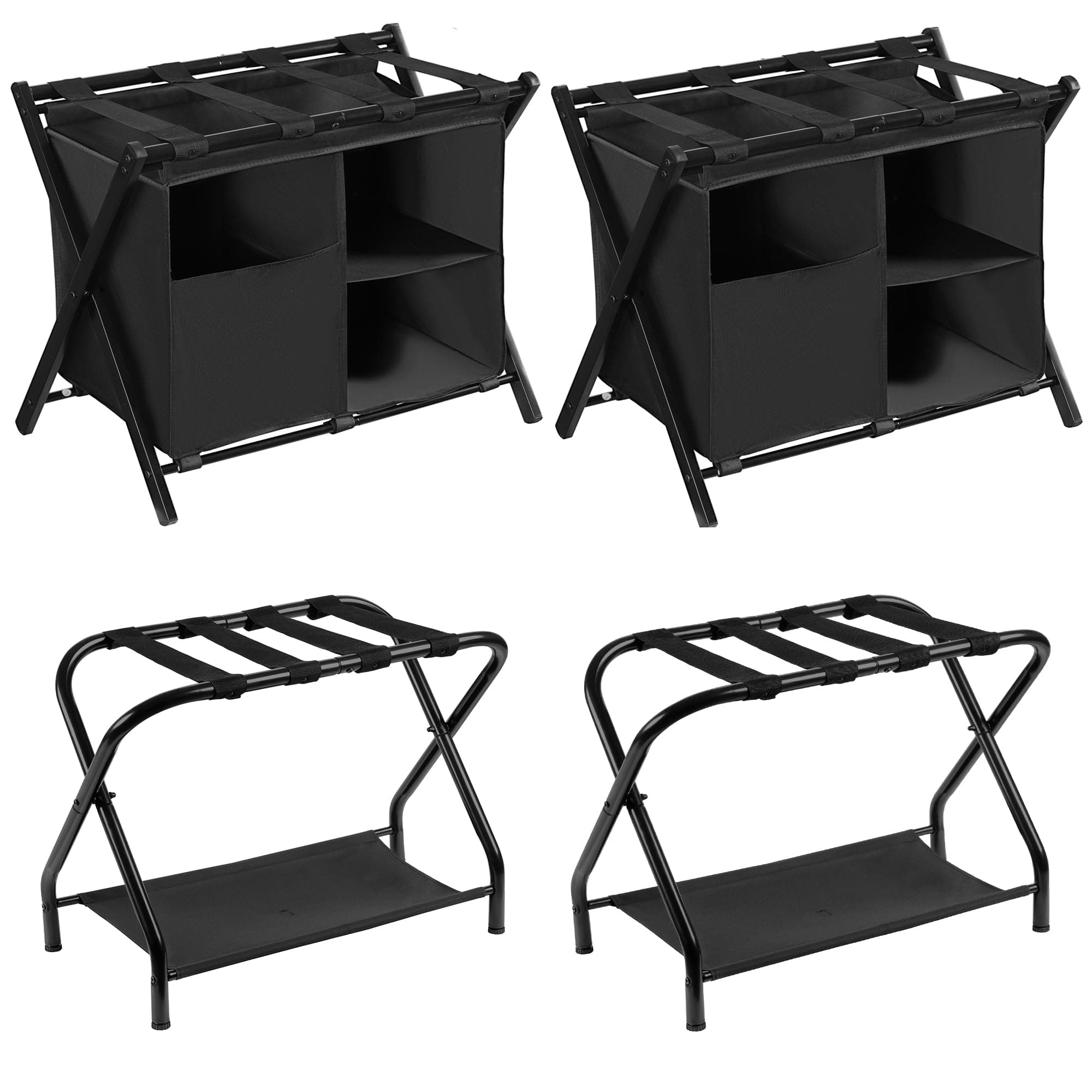 Folding Steel Luggage Rack Set with Storage Shelf, Pack of 2, Black