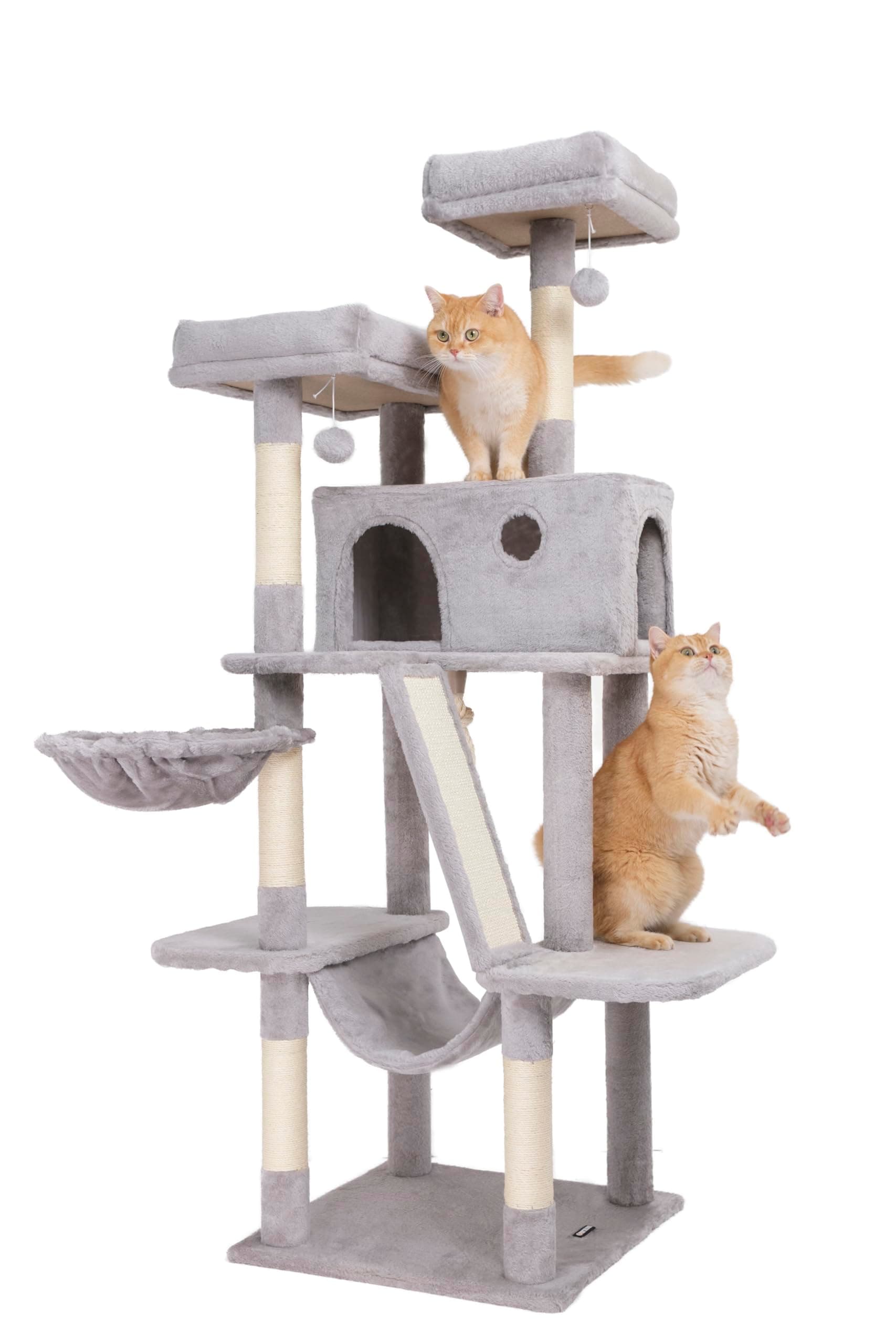 OURITSU 61-inch Tall Cat Tree with Hammock & Scratching Post, Light Gray