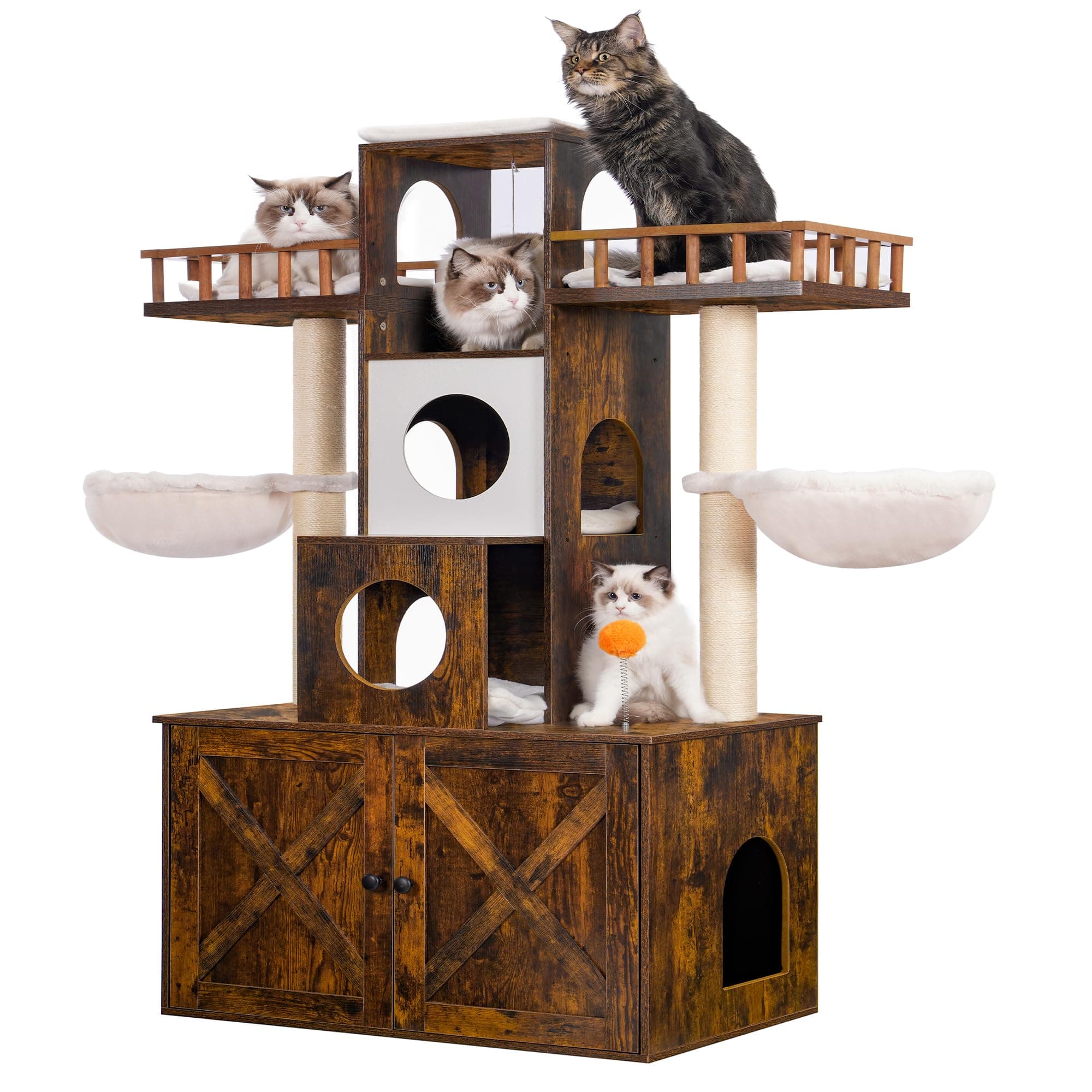 Modern Cat Tree with Litter Box Enclosure and Scratching Posts for Large Cats