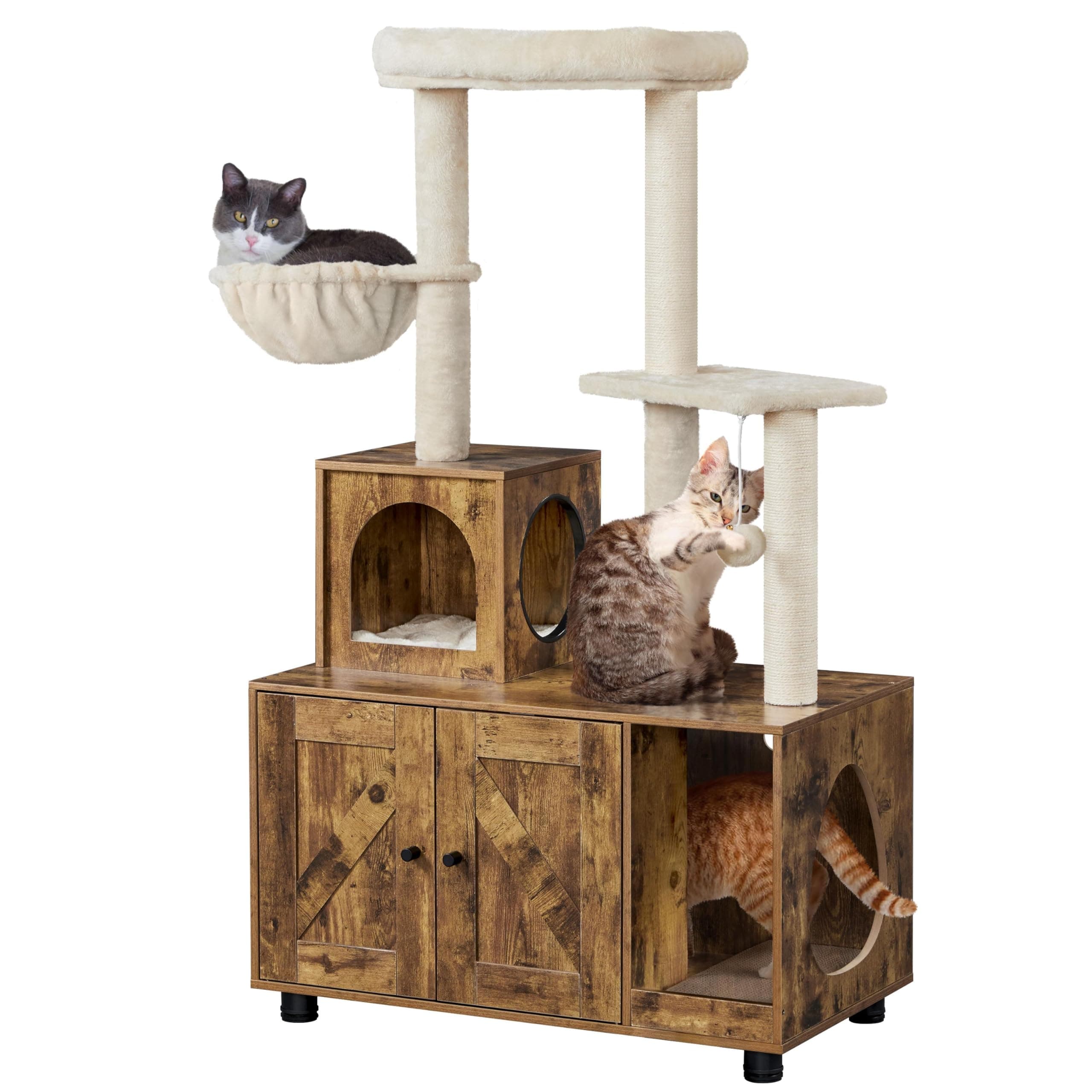 53in Cat Tree with Wood Litter Box Enclosure for Indoor Large Cats