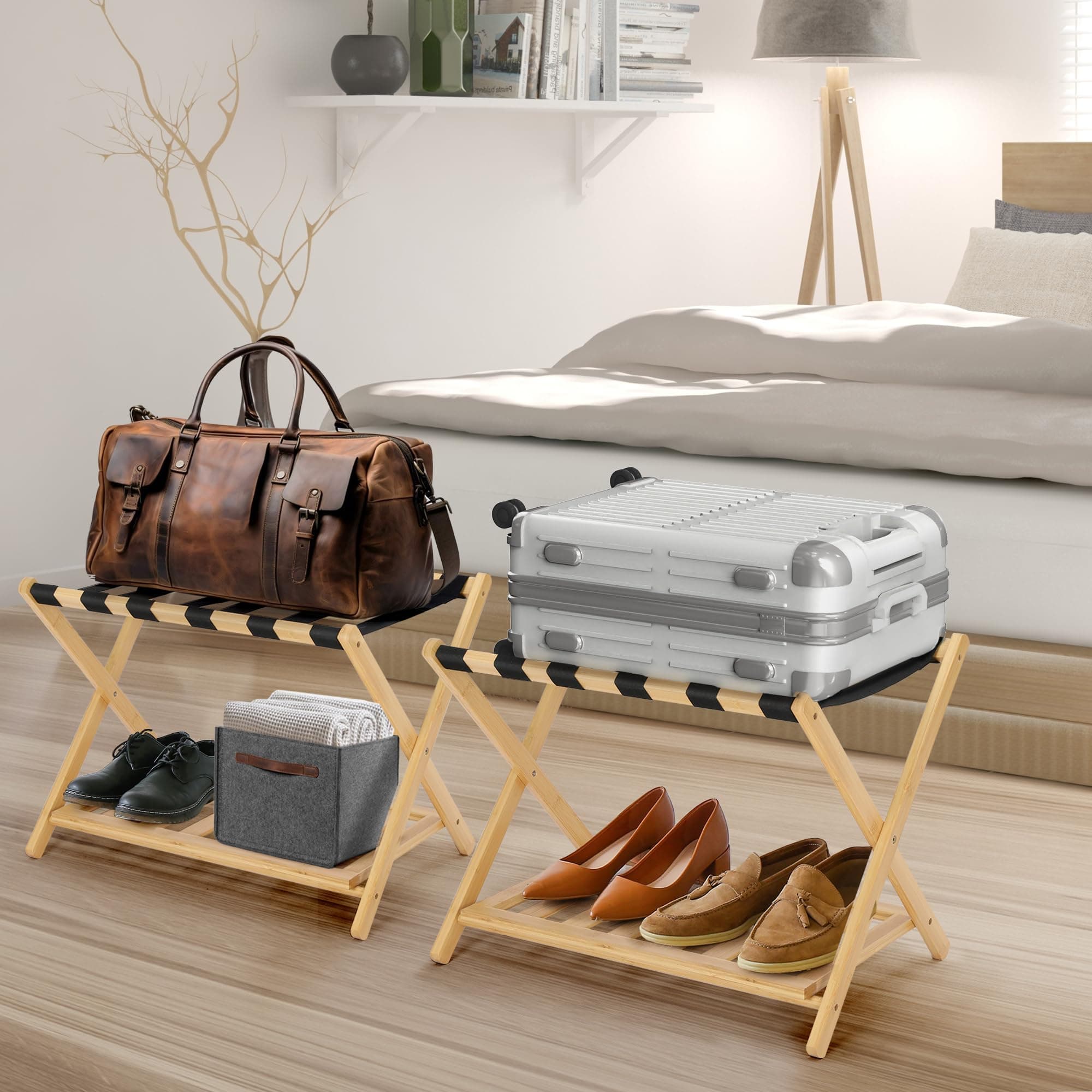 2-Pack Foldable Bamboo Suitcase Stand with Storage Shelf, 6 Nylon Straps, Ideal for Hotel Rooms