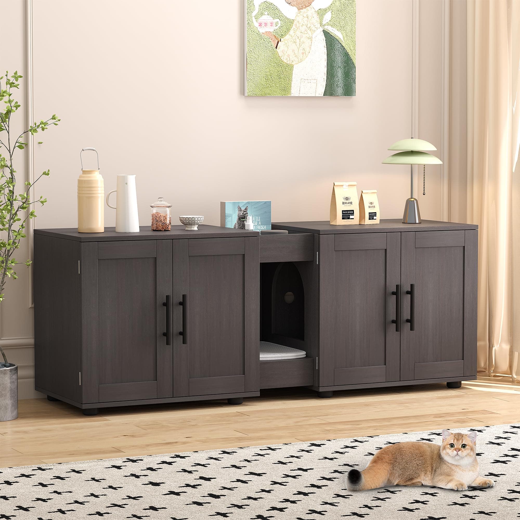 GAOMON 2-Cat Hidden Litter Box Furniture, Walnut Wood Enclosure, 55" L x 17.7" W