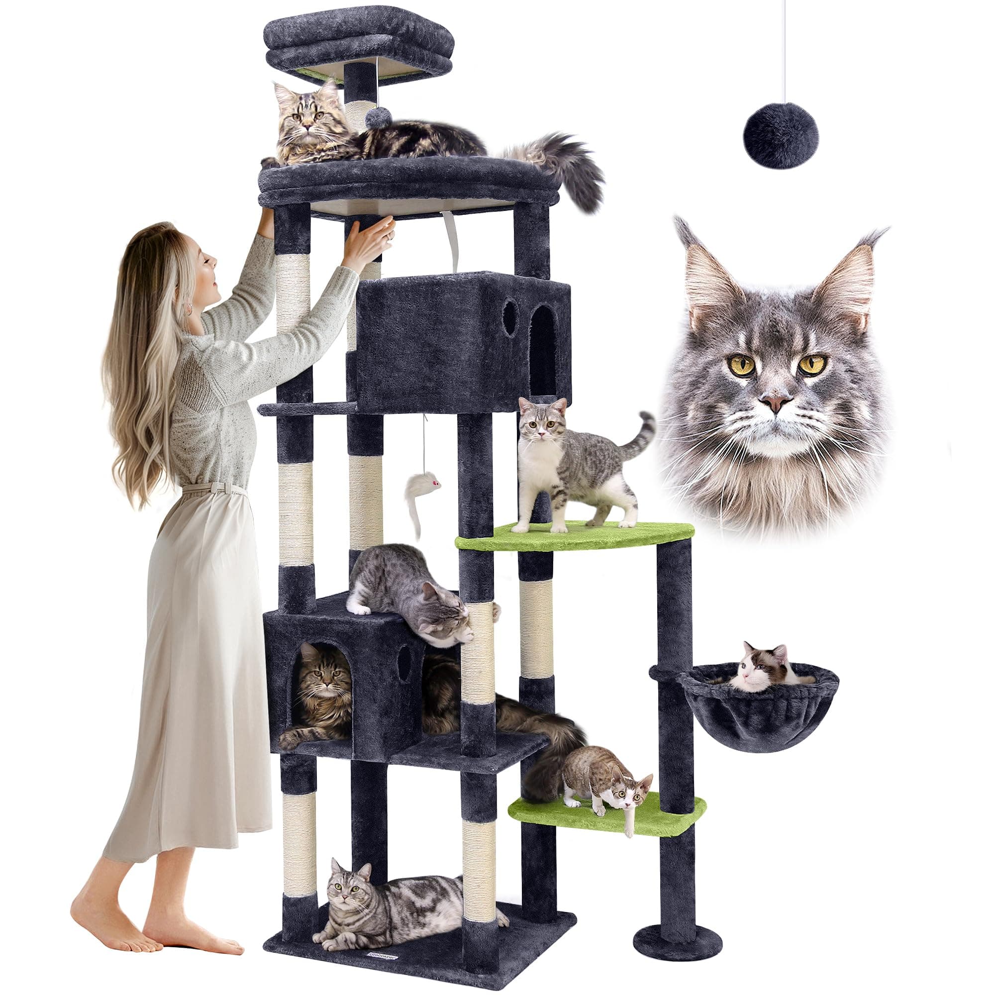 Giant Cat Tree for Large Adult Indoor Cats - 83 inch XXL Tower with 9 Scratching Posts in Dark Grey