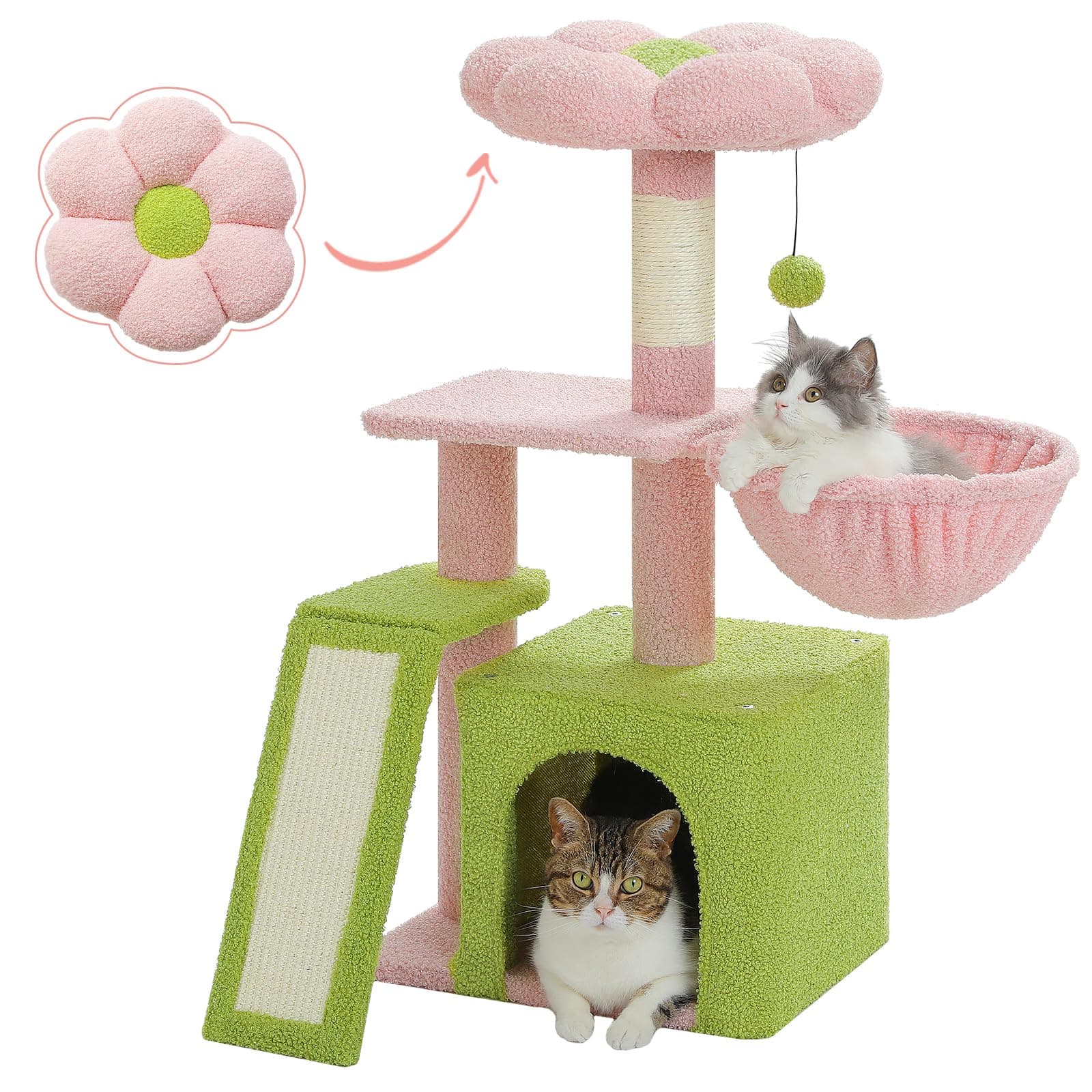 Flower Cat Tree for Indoor Cats: Small Cat Tower with Hammock and Scratching Ramp