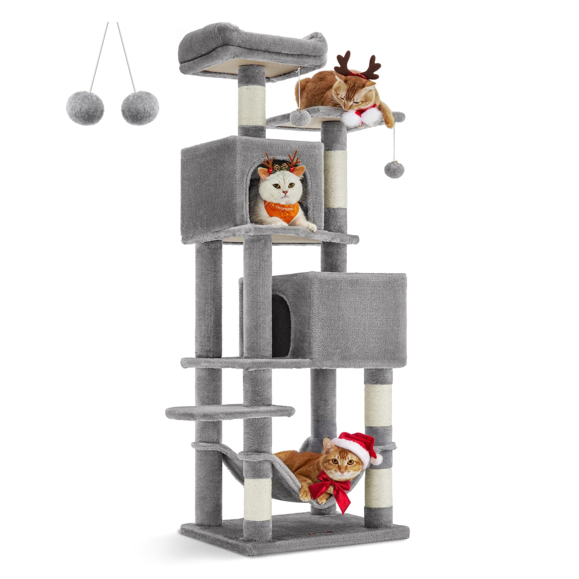 Feandrea 61-Inch Cat Tree for Indoor Cats - Plush Multi-Level Condo with 5 Scratching Posts, 2 Perches, 2 Caves, and Hammock in Light Gray