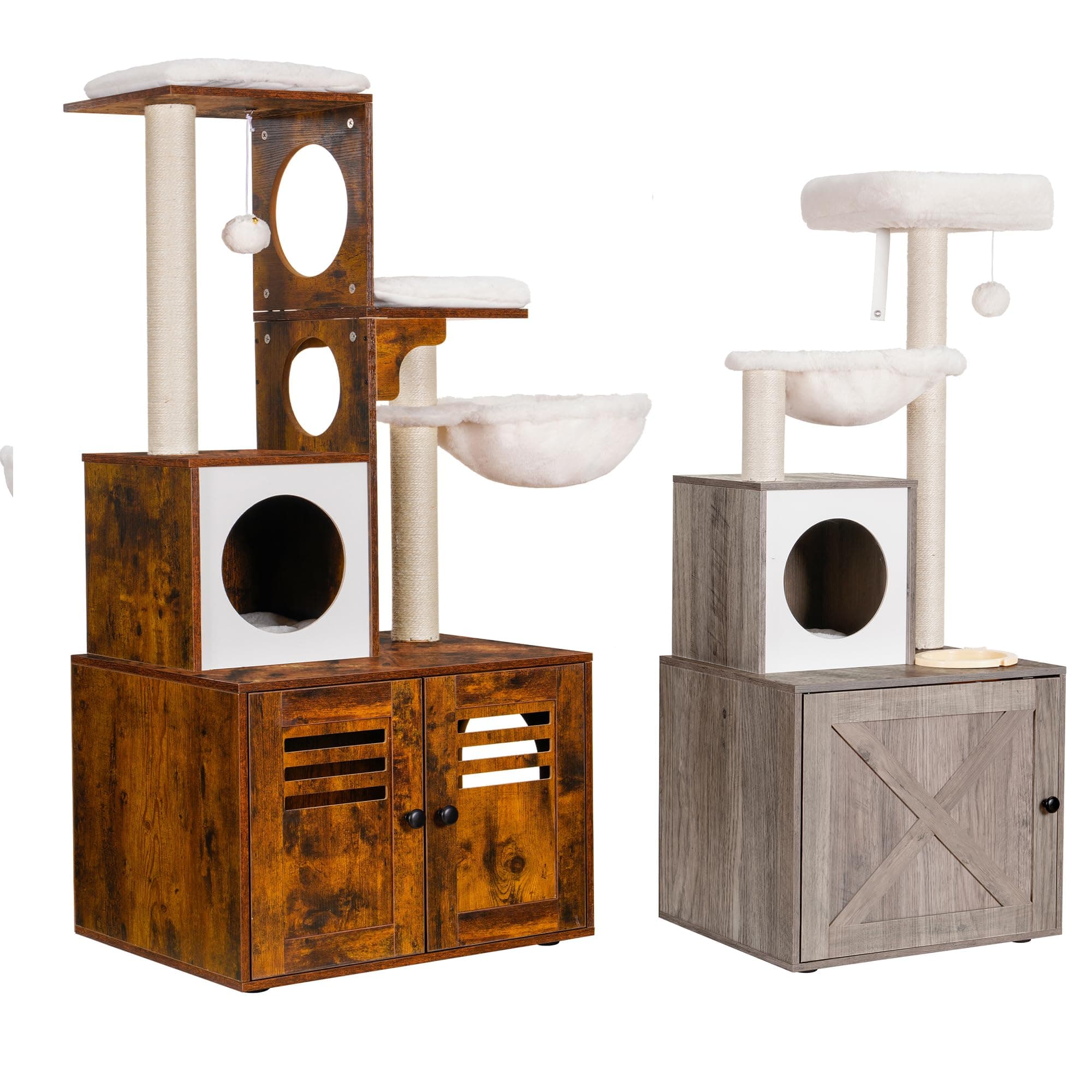 Heybly Wood Litter Box Cat Tree, Large Platform & Condo, Modern Style Cat Tower