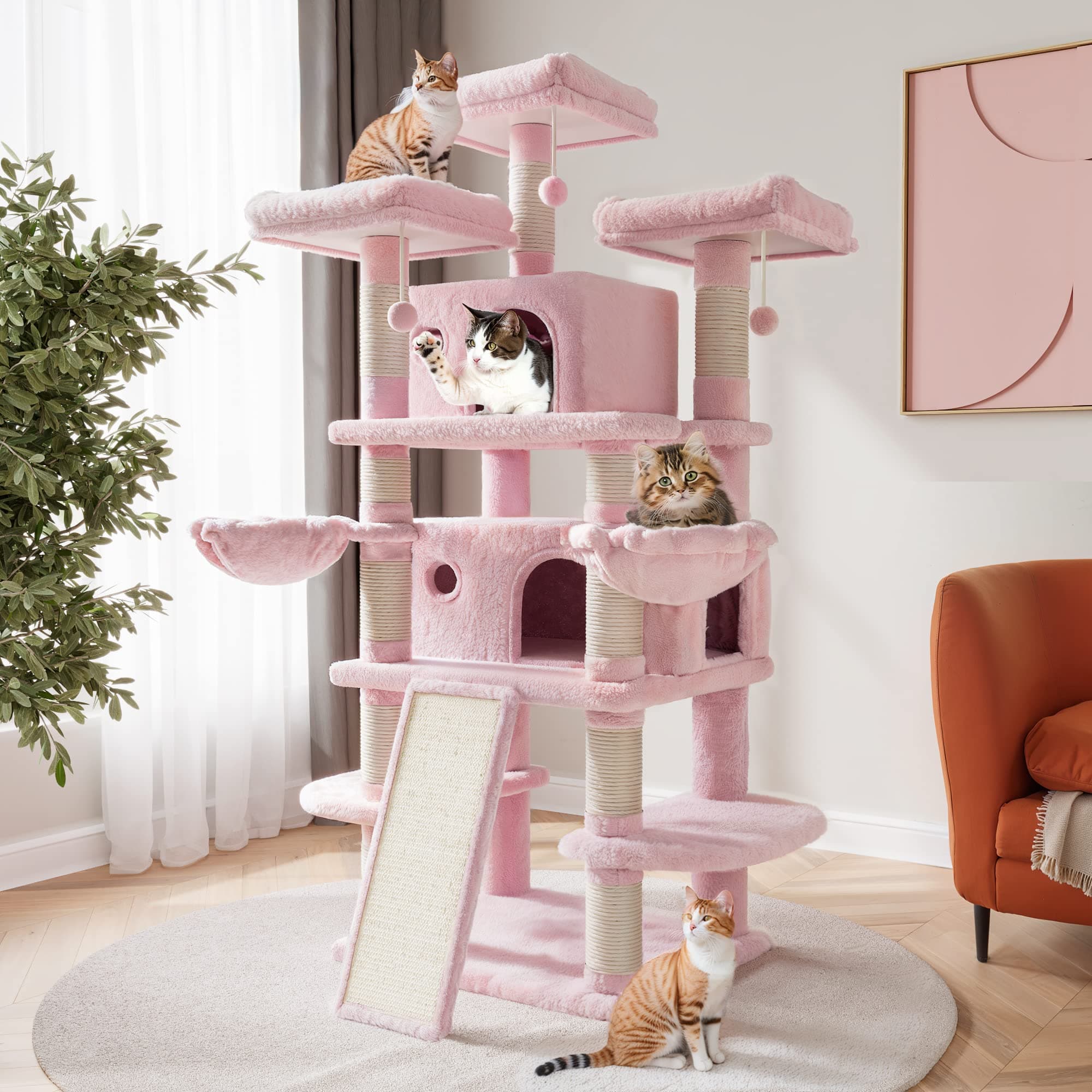 SHA CERLIN 68-Inch Multi-Level Cat Tree for Large Cats with Condo, Perches, Scratching Posts, and Hammocks - Pink