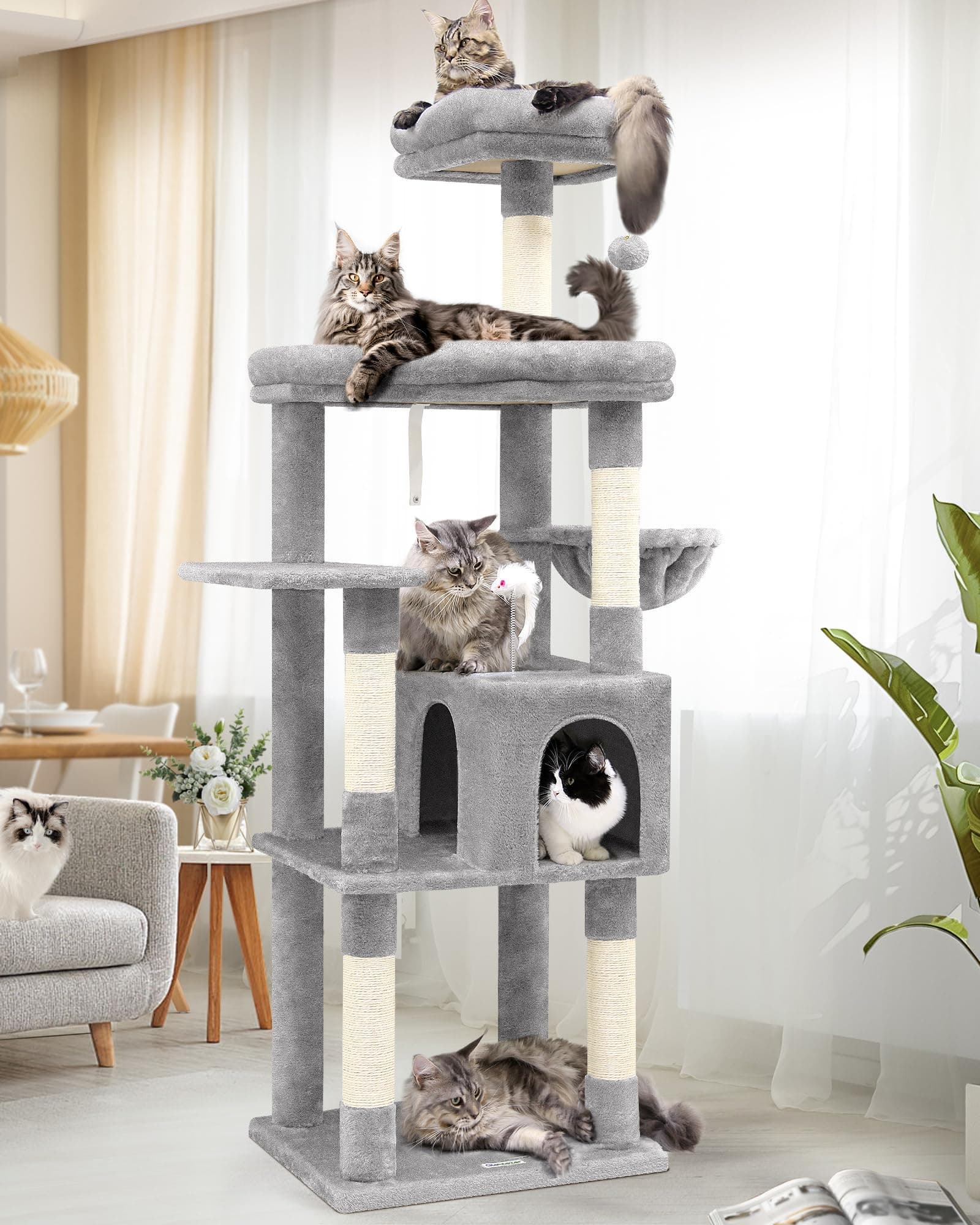 68-inch Sturdy Cat Tree for Adult Big Cats, 20 lbs Heavy Duty Light Grey