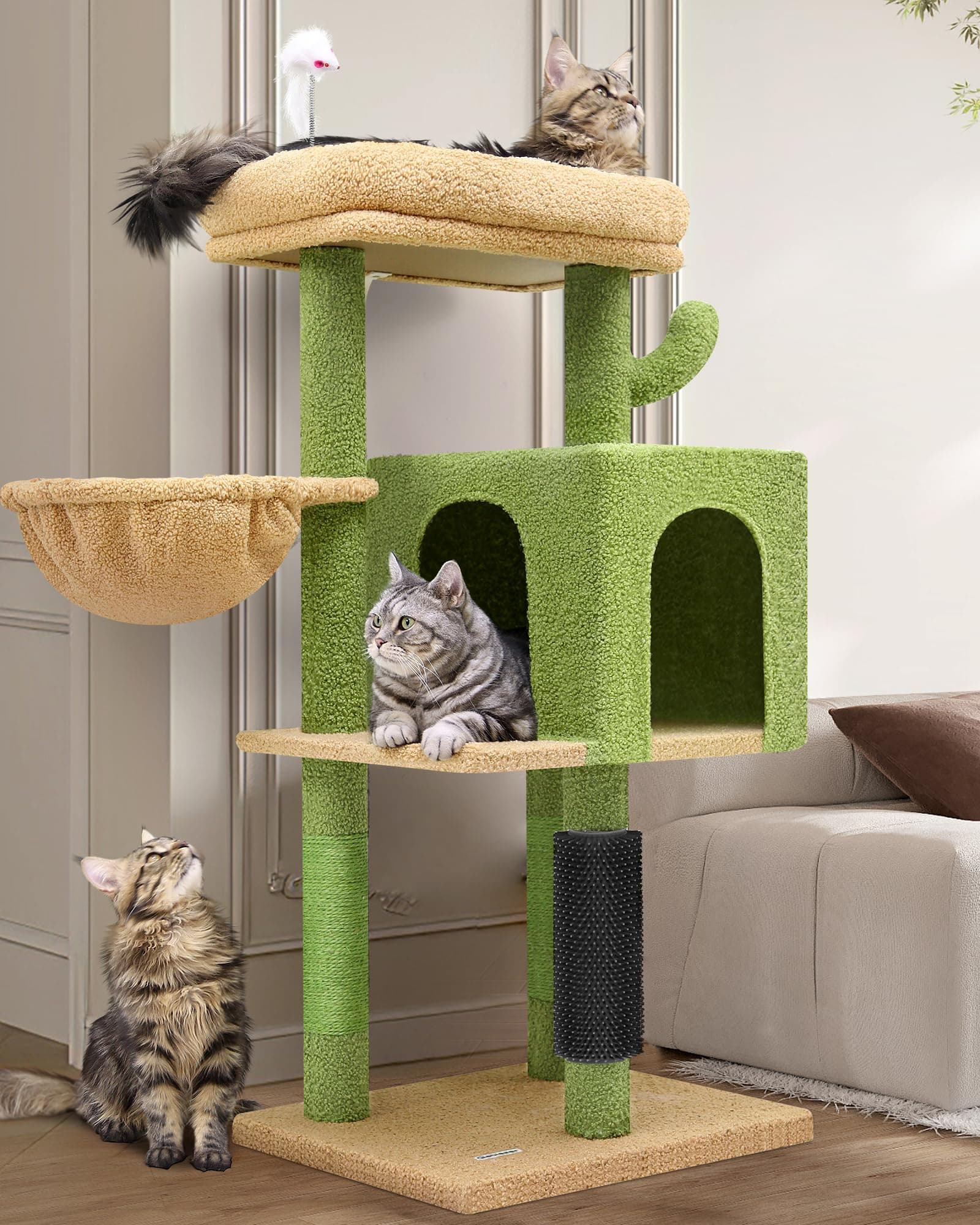 Sturdy 46-Inch Cactus Cat Tree for Multiple Cats | Multiple Platforms, Hammock, Anti-Tip Kit | Premium Green Materials