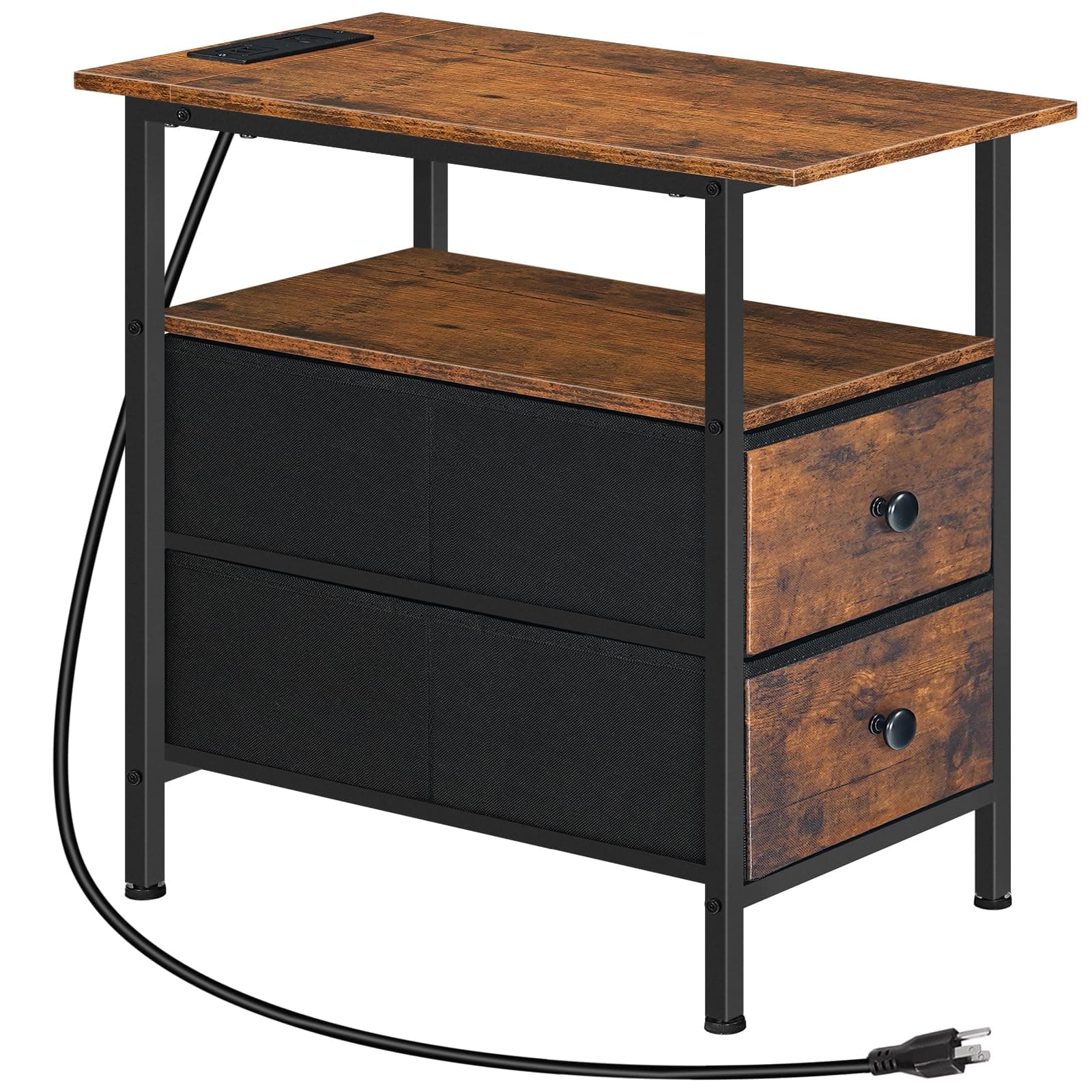 HOOBRO Rustic Brown & Black End Table with Charging Station BF486UBZ01