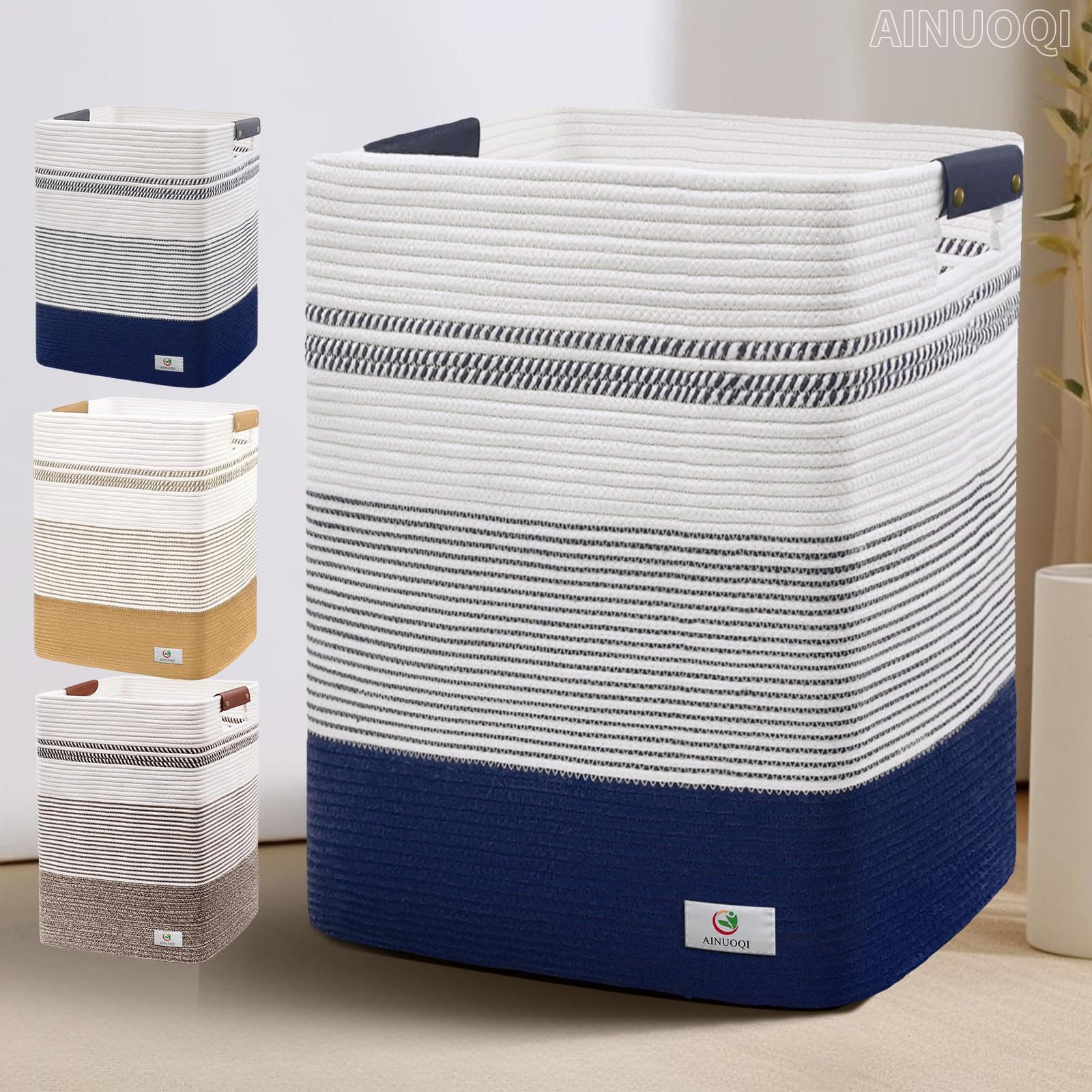Large Tall Woven Rope Laundry Hamper with Leather Handles - Dark Blue & White